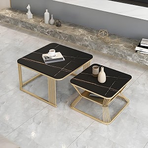 marble laminated look square coffee tables set 2 piece stackable center table with storage drawer and metal frame for living room or apartments with storage shelf gold-black