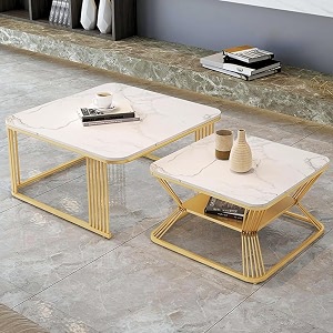 marble laminated look square coffee tables set 2 piece stackable center table with storage drawer and metal frame for living room or apartments with storage shelf gold-white
