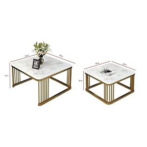 marble laminated look square coffee tables set 2 piece stackable center table with storage drawer and metal frame for living room or apartments without storage shelf golden amp black