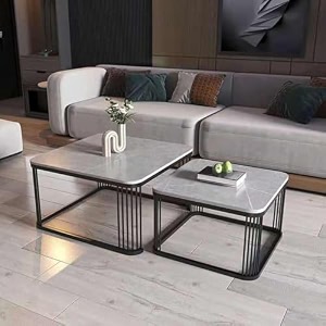 ribavary marble laminated look square coffee tables set 2 piece stackable center table with storage drawer and metal frame for living room or apartments without storage shelf grey amp black