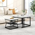 Marble Laminated Look Square Coffee Tables Set, 2 Piece Stackable Center Table with Storage Drawer and Metal Frame for Living Room or Apartments (with Storage Shelf, White-Black)