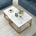 Marble Laminated Look Square Coffee Tables Set, 2 Piece Stackable Center Table with Storage Drawer and Metal Frame for Living Room or Apartments (Without Storage Shelf, Golden &amp; White)