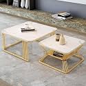Marble Laminated Look Square Coffee Tables Set, 2 Piece Stackable Center Table with Storage Drawer and Metal Frame for Living Room or Apartments (with Storage Shelf, Gold-White)