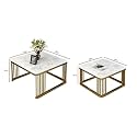 Marble Laminated Look Square Coffee Tables Set, 2 Piece Stackable Center Table with Storage Drawer and Metal Frame for Living Room or Apartments (Without Storage Shelf, Golden &amp; Black)