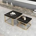 RIBAVARY® Marble Laminated Look Square Coffee Tables Set, 2 Piece Stackable Center Table with Storage Drawer and Metal Frame for Living Room or Apartments (with Storage Shelf, Gold-Black)