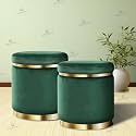 Velvet Luxurious Sitting Stool for Bedroom &amp; Living Room, Sofa Side Stool, Wooden Small Ottoman Footrest Stool, Makeup Chair, Pouf for Office &amp; Home Decoration (Drum Combo, Green 2)