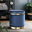 Velvet Luxurious Sitting Stool for Bedroom &amp; Living Room, Sofa Side Stool, Wooden Small Ottoman Footrest Stool, Makeup Chair, Pouf for Office &amp; Home Decoration (Drum, Royal Blue 1)