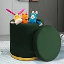 Velvet Luxurious Sitting Stool for Bedroom &amp; Living Room, Sofa Side Stool, Wooden Small Ottoman Footrest Stool, Makeup Chair, Pouf for Office &amp; Home Decoration (Drum Storage, Green.)