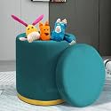 Storage Ottoman Sitting Stool for Bedroom & Living Room, Velvet Sofa Side Stool, Wooden Small Ottoman Footrest Stool, Makeup Chair, Pouf for Office & Home Decoration (Drum Storage, Aqua.)