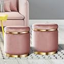 Velvet Luxurious Sitting Stool for Bedroom &amp; Living Room, Sofa Side Stool, Wooden Small Ottoman Footrest Stool, Makeup Chair, Pouf for Office &amp; Home Decoration (Drum Combo, Pink 2)