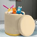 Storage Ottoman Sitting Stool for Bedroom & Living Room, Velvet Sofa Side Stool, Wooden Small Ottoman Footrest Stool, Makeup Chair, Pouf for Office & Home Decoration (Drum Storage, Cream.)