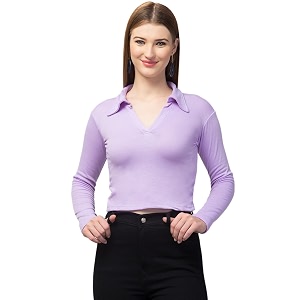 Ribbed Polo Collar Full Sleeves Tops for