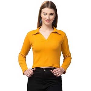 Ribbed Polo Collar Full Sleeves Tops for