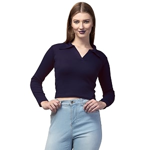 Ribbed Polo Collar Full Sleeves Tops for