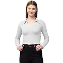 Ribbed Polo Collar Full Sleeves Tops for