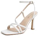 RIBONGZ White Strappy Stiletto Heels Square Open Toe Kitten High Heels Ankle Strap Sexy Heeled Sandals for Women Wedding Bride Party Prom Dress Shoes 7