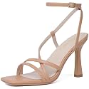 RIBONGZ Nude Strappy Stiletto Kitten Heels Ankle Strap Sexy Heeled Sandals for Women Square Open Toe High Heels Wedding Bride Party Prom Dress Shoes 7.5