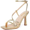RIBONGZ Gold Strappy Stiletto Kitten Heels Ankle Strap Sexy Heeled Sandals for Women Square Open Toe High Heels Wedding Bride Party Prom Dress Shoes 10.5