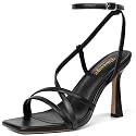 RIBONGZ Black Strappy Stiletto Kitten Heels Ankle Strap Sexy Heeled Sandals for Women Square Open Toe High Heels Wedding Bride Party Prom Dress Shoes 6.5