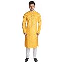 RIGAL Men's Magic Print Cotton Blend Kurta Pyjama Set For Men (Yellow; 40)
