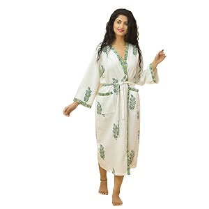 hand block print premium cotton waffle fabric white bathrobe blue buta white base