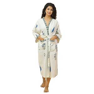 hand block print premium cotton waffle fabric white bathrobe whiteblue