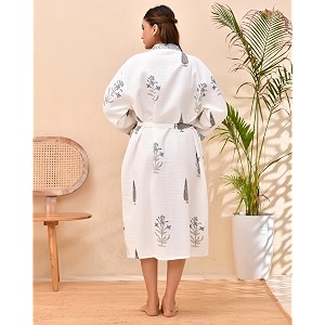 hand block print premium cotton waffle fabric white bathrobe whitegreenblue