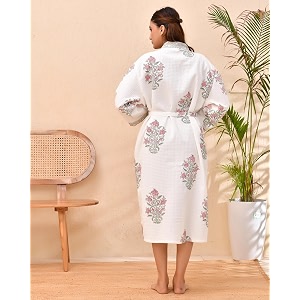 hand block print premium cotton waffle fabric white bathrobe whitebrown