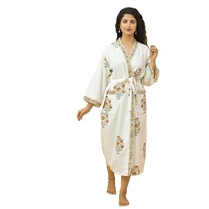 hand block print premium cotton waffle fabric white bathrobe whiteyellow