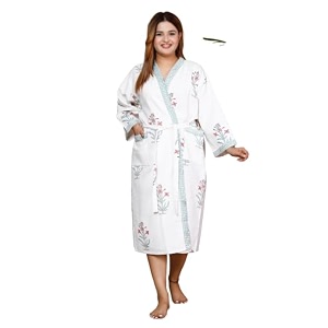 hand block print premium cotton waffle fabric white bathrobe whiteblue