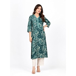 Rimeline Womens Cotton Printed Kurta with Lace-Trim