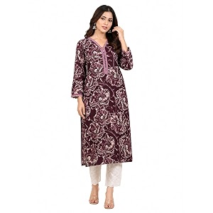 Rimeline Womens Cotton Printed Kurta with Lace-Trim