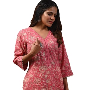 Rimeline Womens Cotton Printed Kurta with Lace