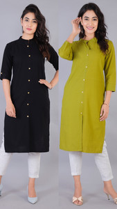 rimeline pack of 2 solid pure cotton straight kurta for women black light green
