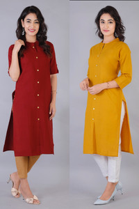 rimeline pack of 2 solid pure cotton straight kurta for women maroon yellow