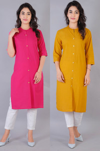 rimeline pack of 2 solid pure cotton straight kurta for women pink yellow