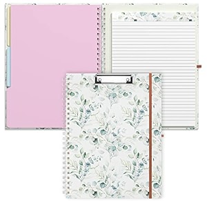 rimilak spiral clipboard folio with refillable lined notepad 145 x 98 in hardcover cover with 5 interior pockets elastic band and pen loop series cute stylish clipfolio green leaves