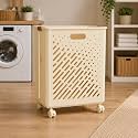 Rioware Foldable Laundry Basket with Wheels – Portable Laundry Bag/Toy Storage Organizer/Cloth Bin, Washing Clothes Storage Basket, and Movable Storage Solution (Fibers) | Cream White Clothnest
