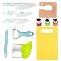 RISICULIS 11 Pieces Wooden Kids Kitchen Knife, Blue Kids Knife Set Include Wood Kids Knife, Serrated Edges Plastic Toddler Knife, Crinkle Cutter, Sandwich Cutter, Y Peeler, Cutting Board