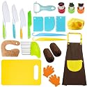 RISICULIS 21 Pieces Toddler Knife, Kids Knife Set Includes Wood Kids Safe Knifes, Plastic Toddler Knifes, Cutting Board, Apron, Chef Hat, Y Peeler, Crinkle Cutter, Cake Scraper