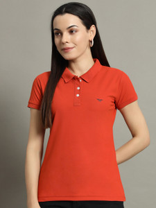 RISS Solid Women Polo Neck Orange T-Shirt