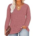 RITERA Plus Size V Neck Tops for Women Long Sleeve Side Split Lightweight Knitwear Solid Color Loose Casual Tunic Top XL-5XL