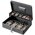Ritmo Cash Box with Money Tray and Key Lock Large Metal Money Safe Box with Cantilever Coin Tray & 4 Spring-Loaded Clips