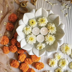 ritualistic lotus marble urli  makrana white marble  handcrafted lotus engraving  urli bowl for flower decoration floating candles amp festive dcor  vastu auspicious  dia 23cm