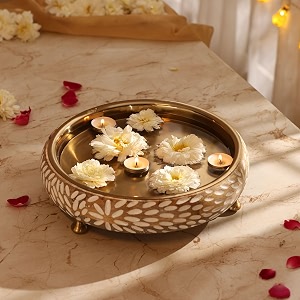 ritualistic vrinda handcarved wooden urli bowl 115 inches  mango wood with floral sacred carving amp detachable legs  floating candles flowers amp festive dcor  diwali housewarming premium gift