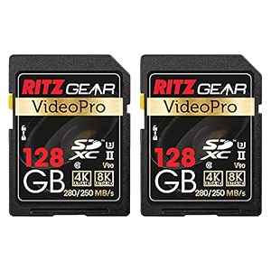 ritz gear 128gb high-speed sdxc uhs-ii sd card c10 u3 v90 full-hd amp 8k memory card for dslr cinema-quality video cameras 2 pack