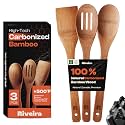 Riveira Dark Bamboo Wooden Spoons for Cooking 3-Piece, Apartment Essentials Wood Spatula Spoon Nonstick Kitchen Utensil Set Premium Quality Housewarming Gifts for Everyday Use