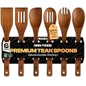 Riveira Teak Wooden Spoons for Cooking Set of 6 – Natural Teak Wooden Cooking Utensils, Wooden Spatula, Wooden Spoon - Premium Quality Utensil Set for Non-Toxic Cooking