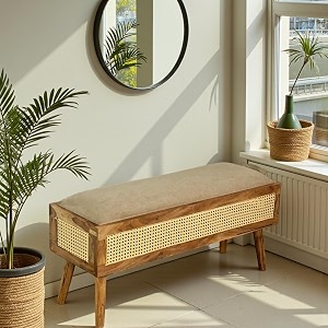riviera cane storage bench  solid acacia wood entryway seating with cushion amp rattan storage box  natural finish wooden hallway amp living room furniture  104 x 36 x 48 cm