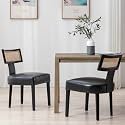 RIVOVA Rattan Dining Chairs Set of 2, Modern PU Leather Upholstered Kitchen Chairs, Wooden Dining Room Chair Farmhouse Dinner Chair with Black Wood Frame, Black